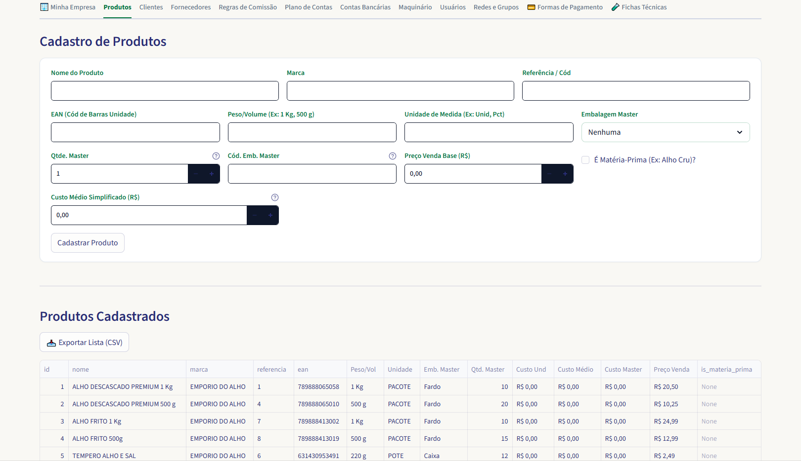 Cadastros — Cadastro de Produtos