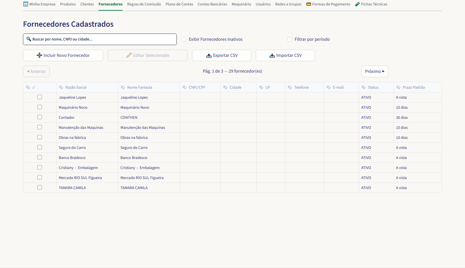 Cadastros — Cadastro de Fornecedores