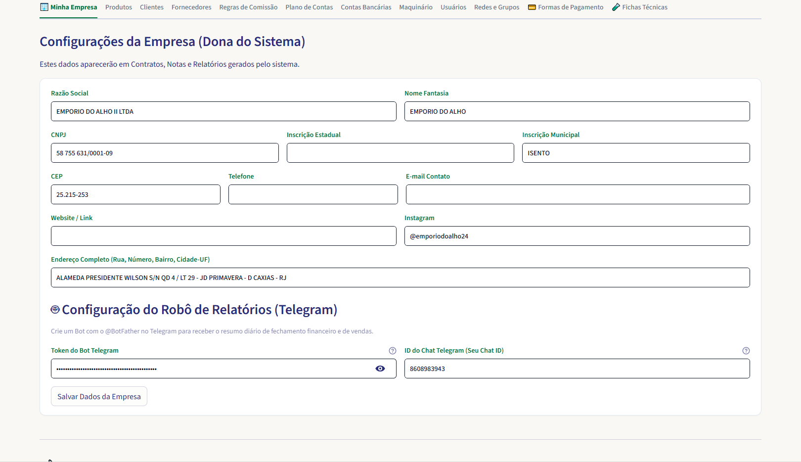 Cadastros — Dados da Empresa e Robô de Relatórios