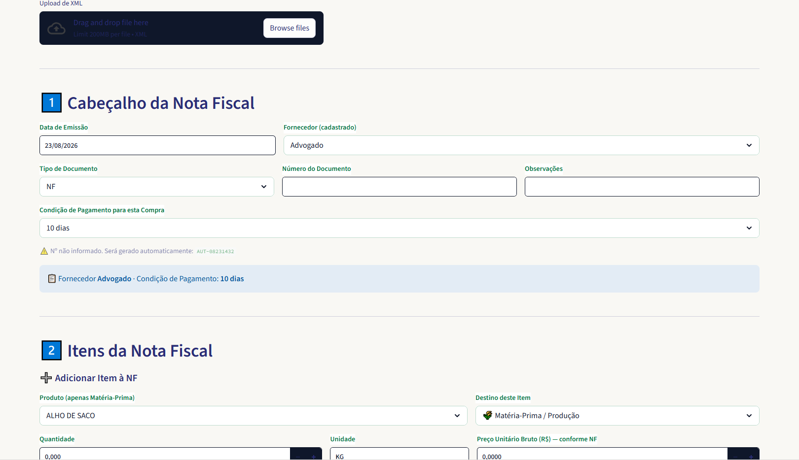 Compras — Importação de XML e Itens da Nota