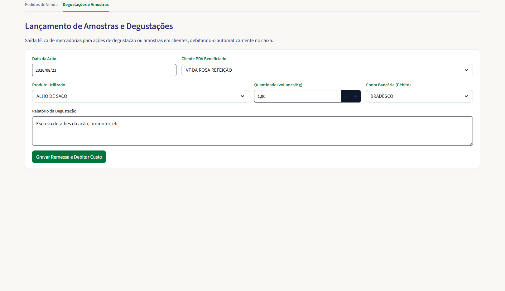 Vendas & Comercial — Amostras e Degustações