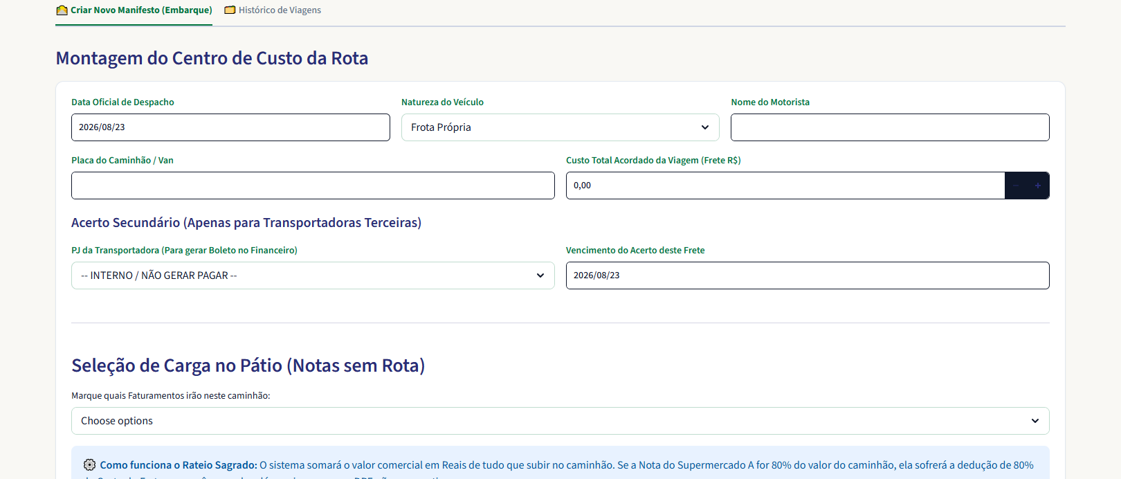 Logística — Manifesto de Carga e Rateio de Frete