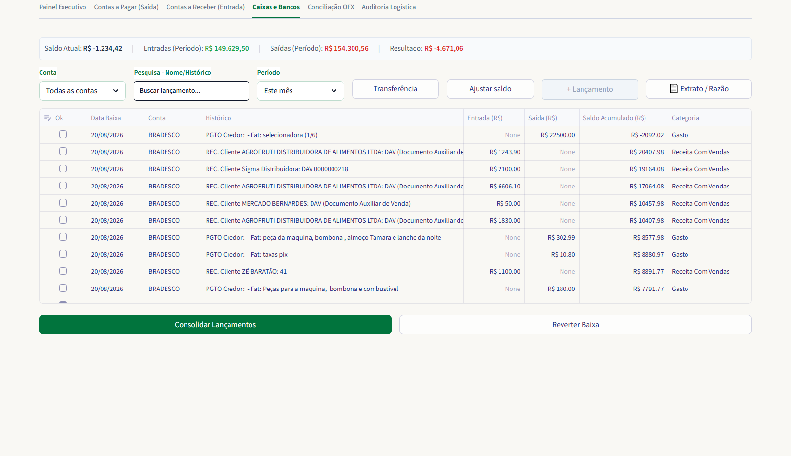 Financeiro — Caixas, Bancos e Extrato